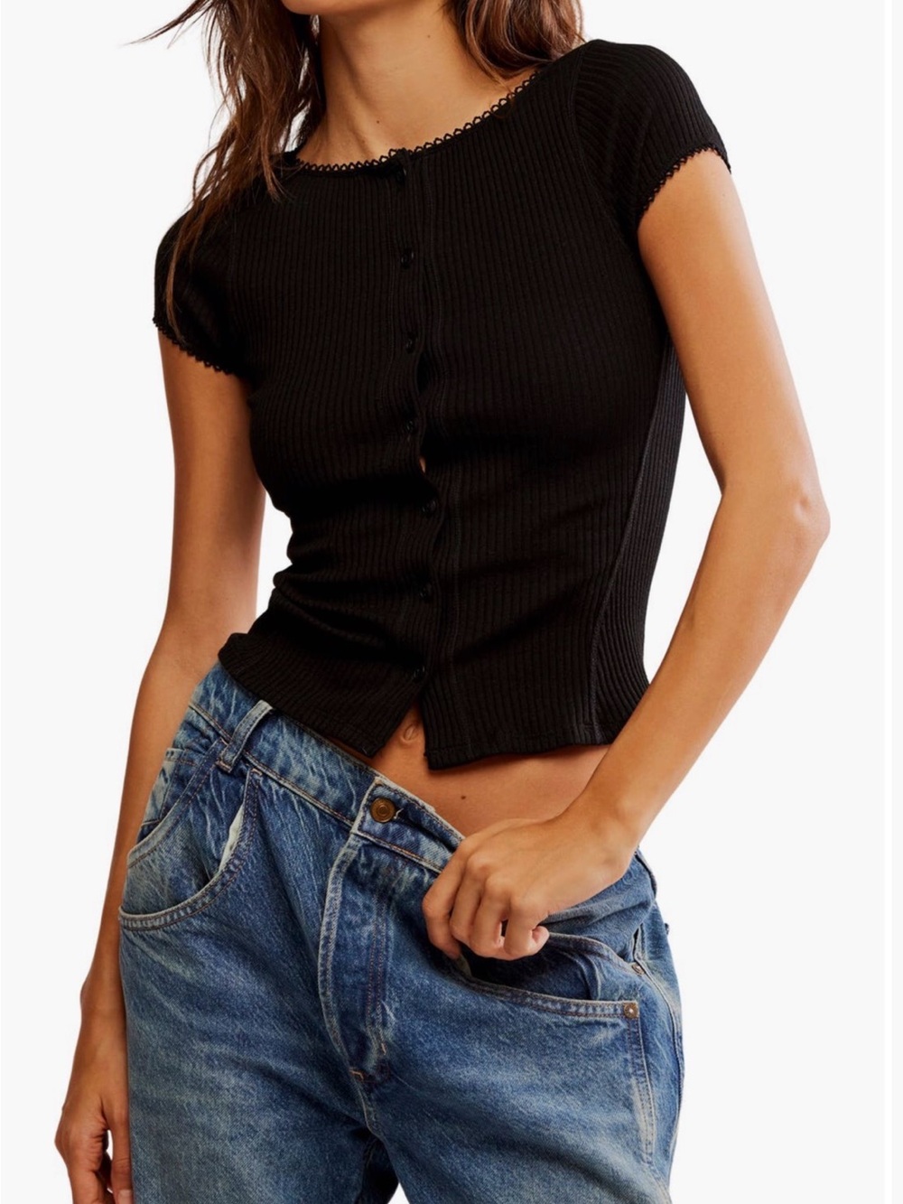 Free People Black Ribbed Button-Front Crop Top